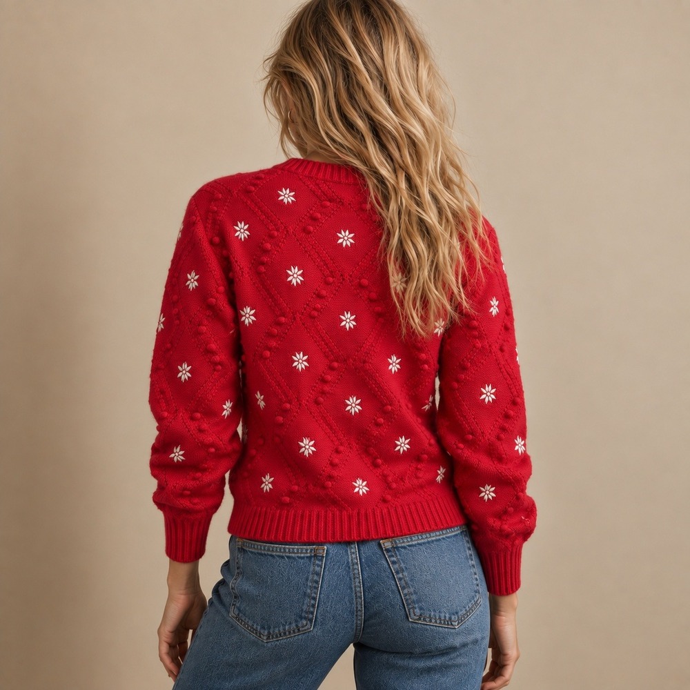 Talbots Embroidered Snowflake Christmas Cardigan Red Sz S - Picture 2 of 9